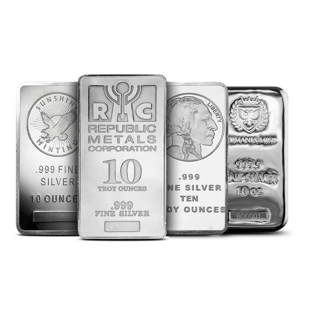 10 oz .999 Fine Silver Bar – Random Design from Private Mint (e.g., Asahi, Sunshine, Liberty)